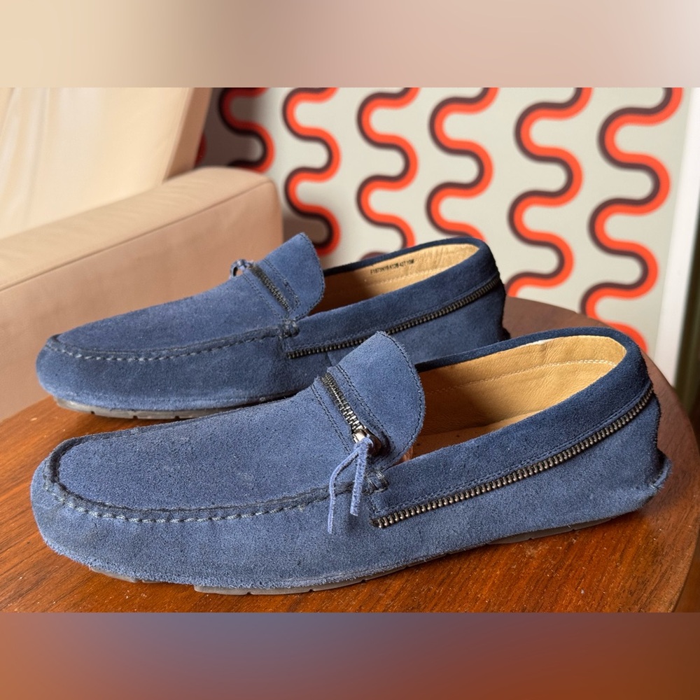 John Varvatos Navy Suede Loafers with Zipper Detail